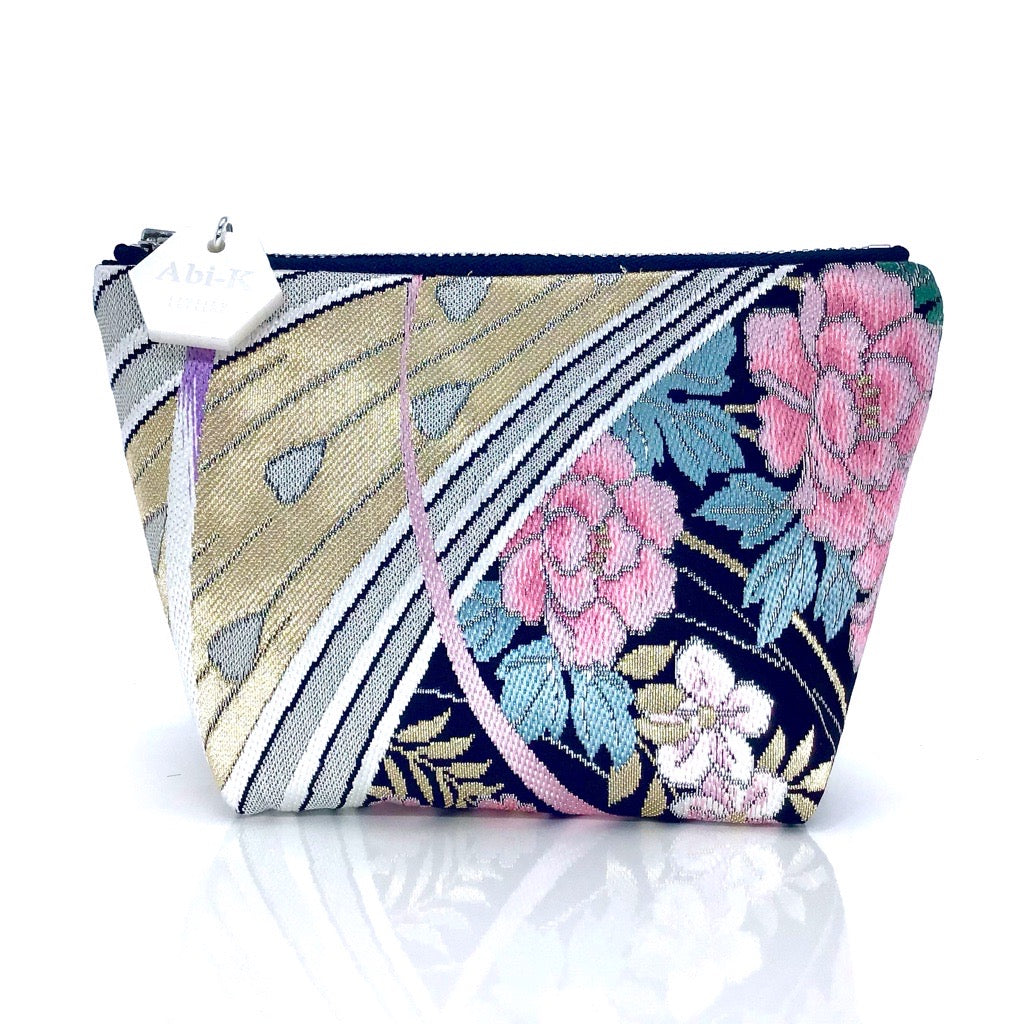 Kimono Silk Small Purse 'Silver Gold & Pink Abstract Floral 2’