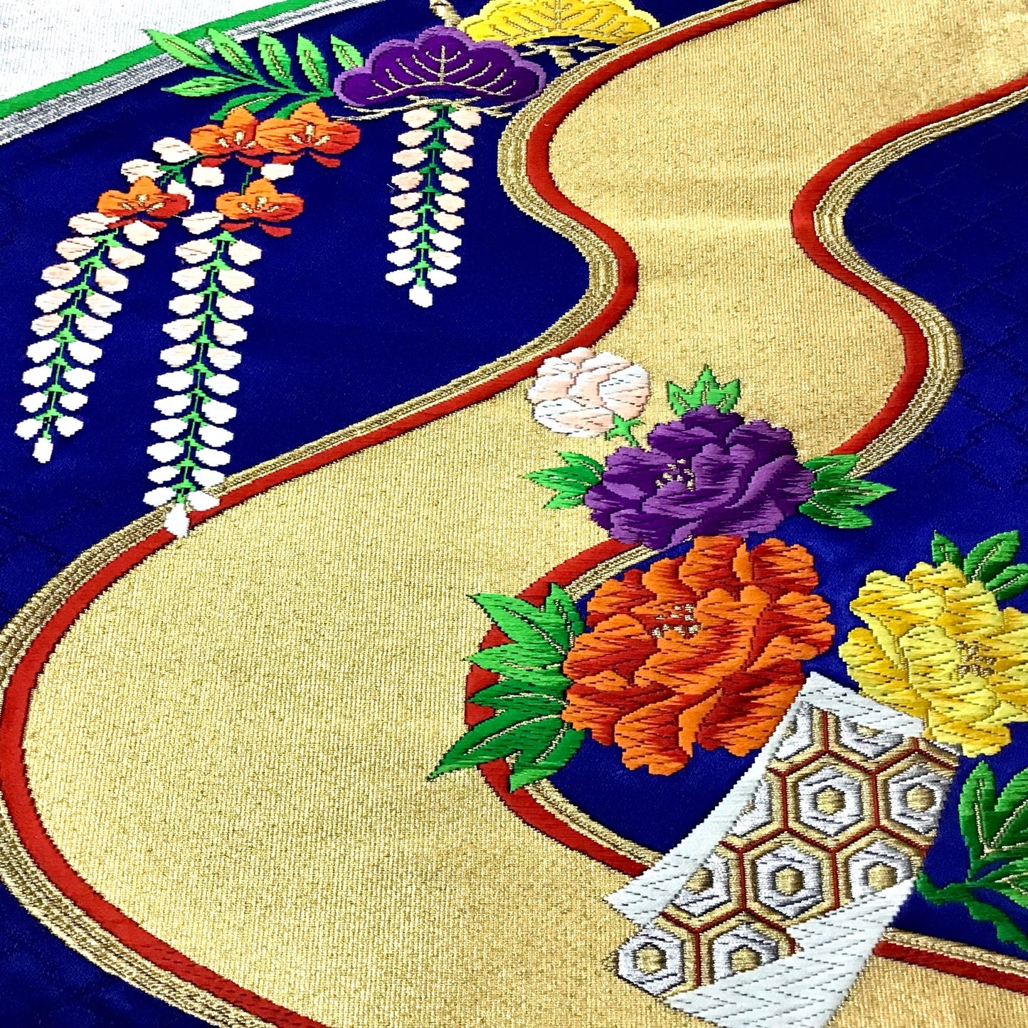 Kimono Silk Runner ‘Bright Blue & Gold With Orange Purple & Yellow Flowers’
