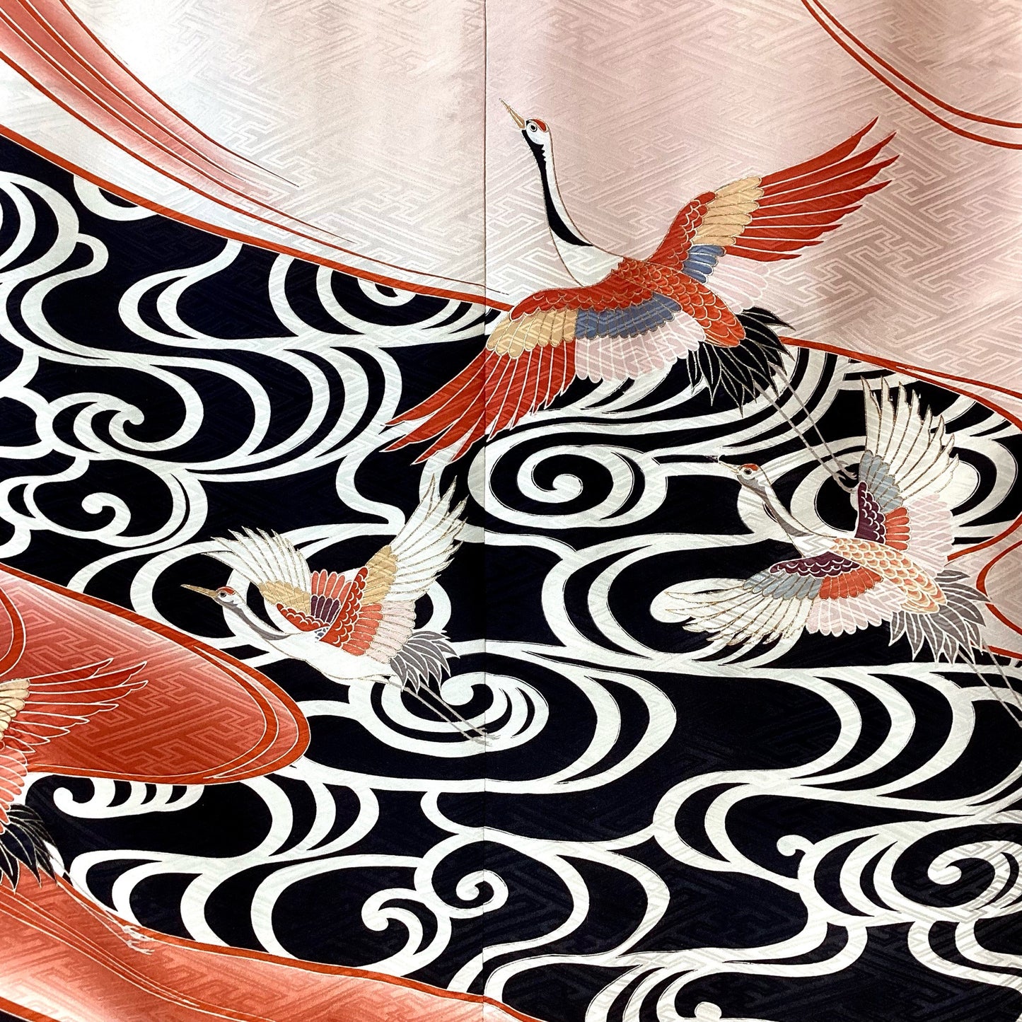 Vintage Furisode Kimono Terracotta Cranes