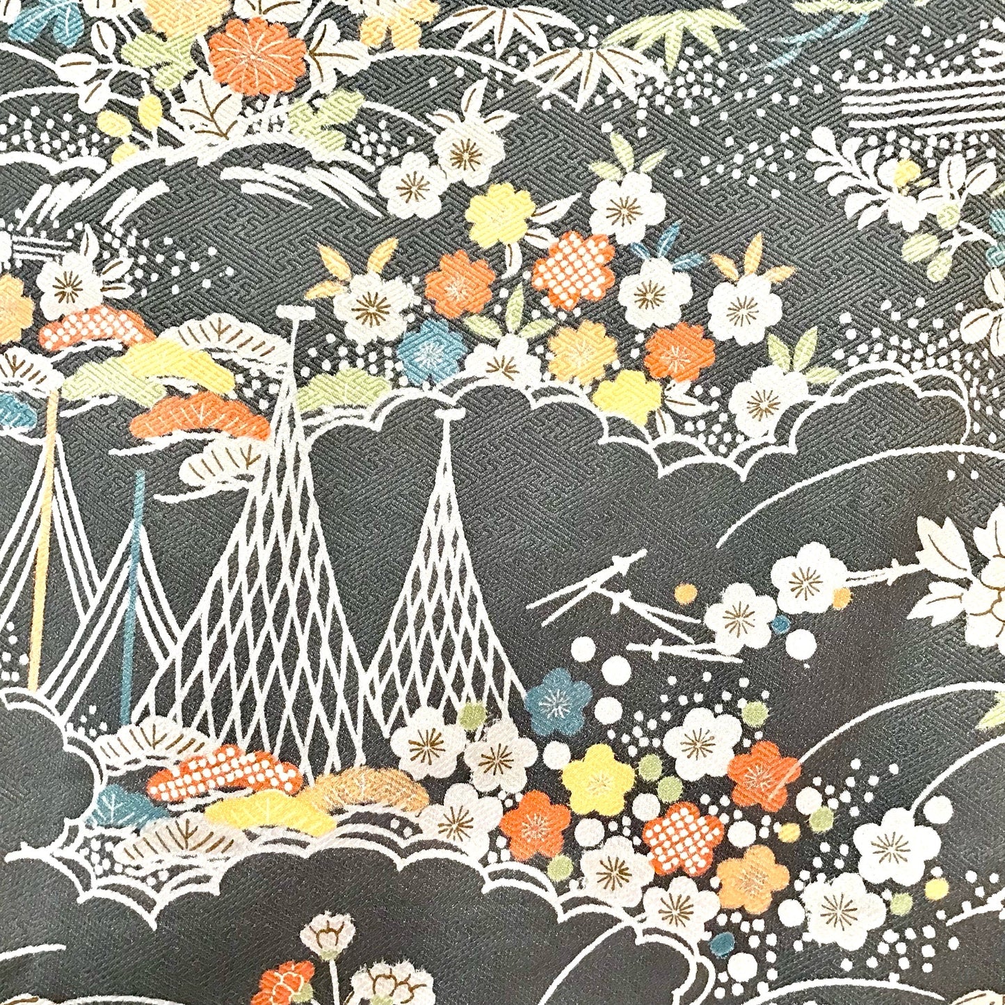 Vintage Kimono ‘Grey With Pastel Flowers & Rivers’