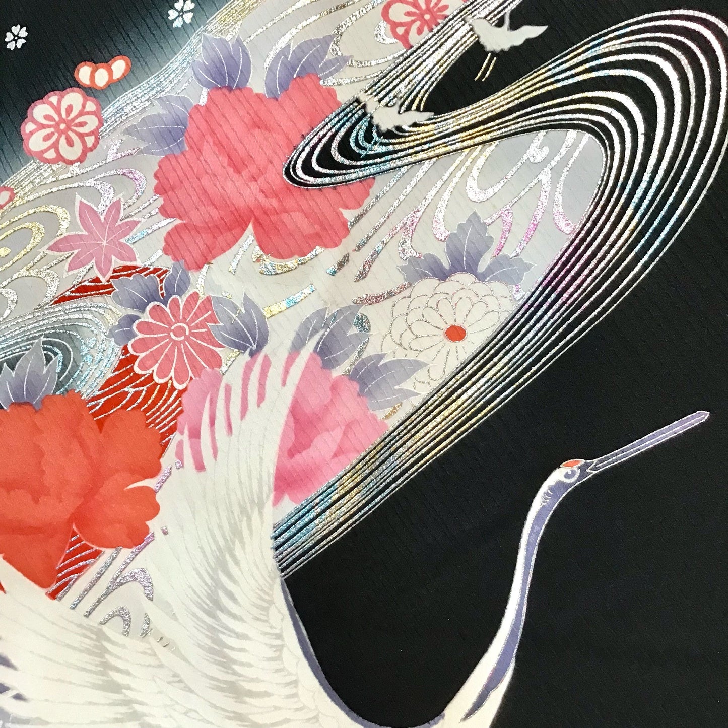 Vintage Furisode Kimono ‘Black & Pink With Silver Cranes’