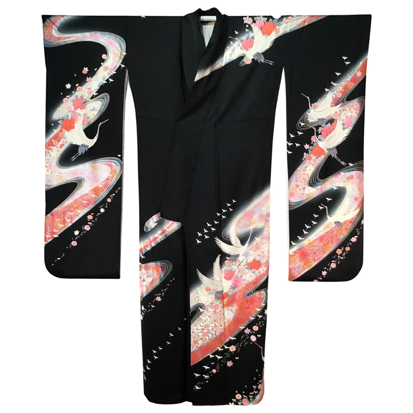 Vintage Furisode Kimono ‘Black & Pink With Silver Cranes’