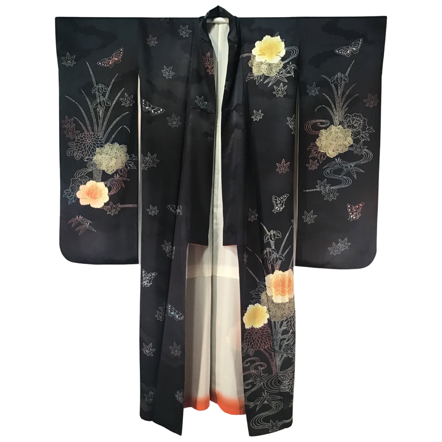 Vintage Kimono ‘Navy Blue With Butterflies Leaves & Embroidered Flowers’