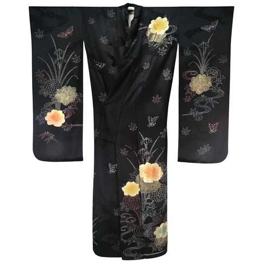 Vintage Kimono ‘Navy Blue With Butterflies Leaves & Embroidered Flowers’