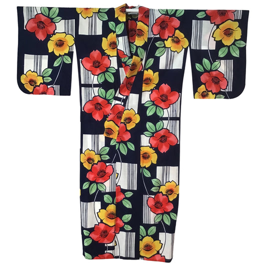 Vintage Kimono ‘Blue With Red & Yellow Flowers Yukata’
