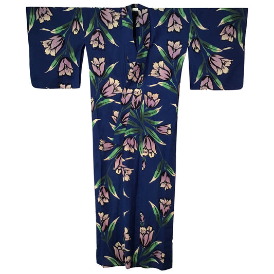 Vintage Kimono ‘Blue With Lilac & Green Yukata’