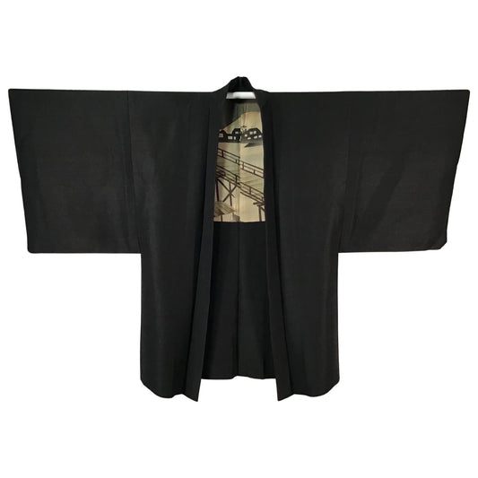 Vintage Mens Kimono ‘Black With Riverside Bridge Scene’