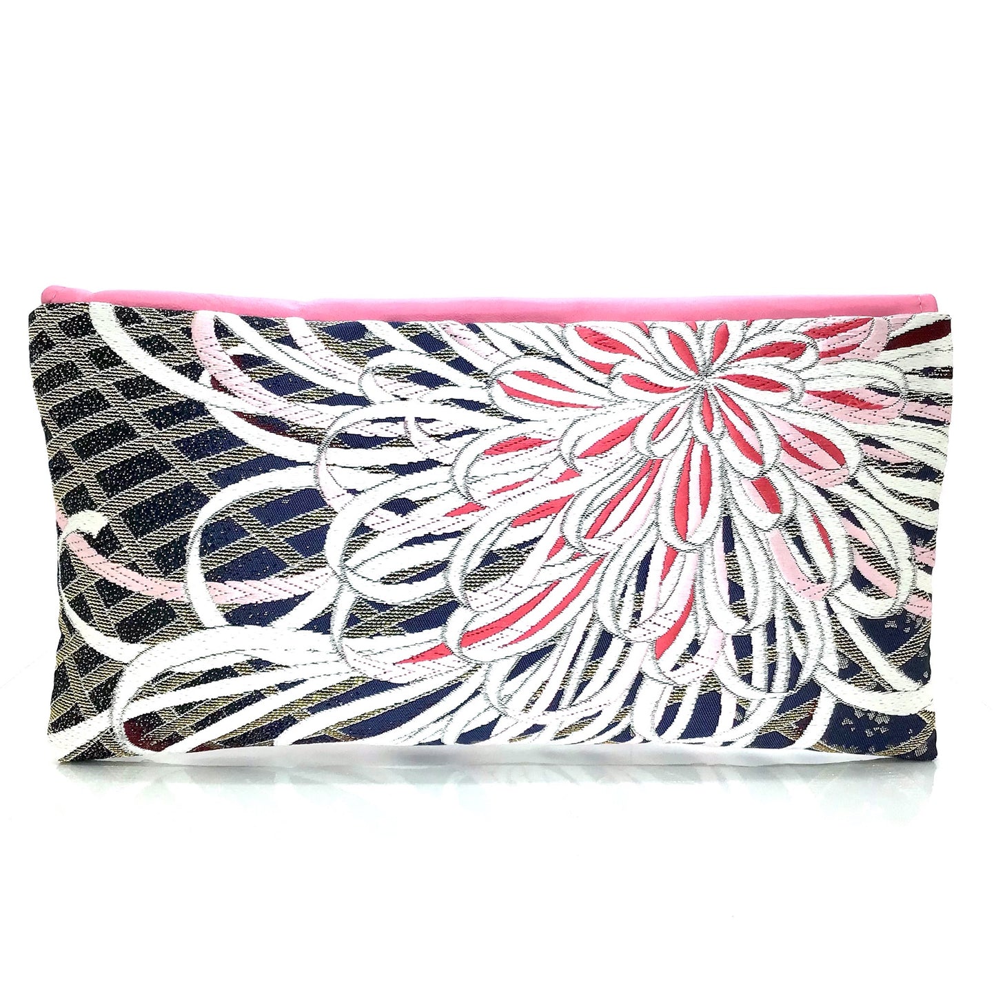 Kimono Asymmetric Clutch ‘Pink & Navy Chrysanthemum Baby Pink Leather’