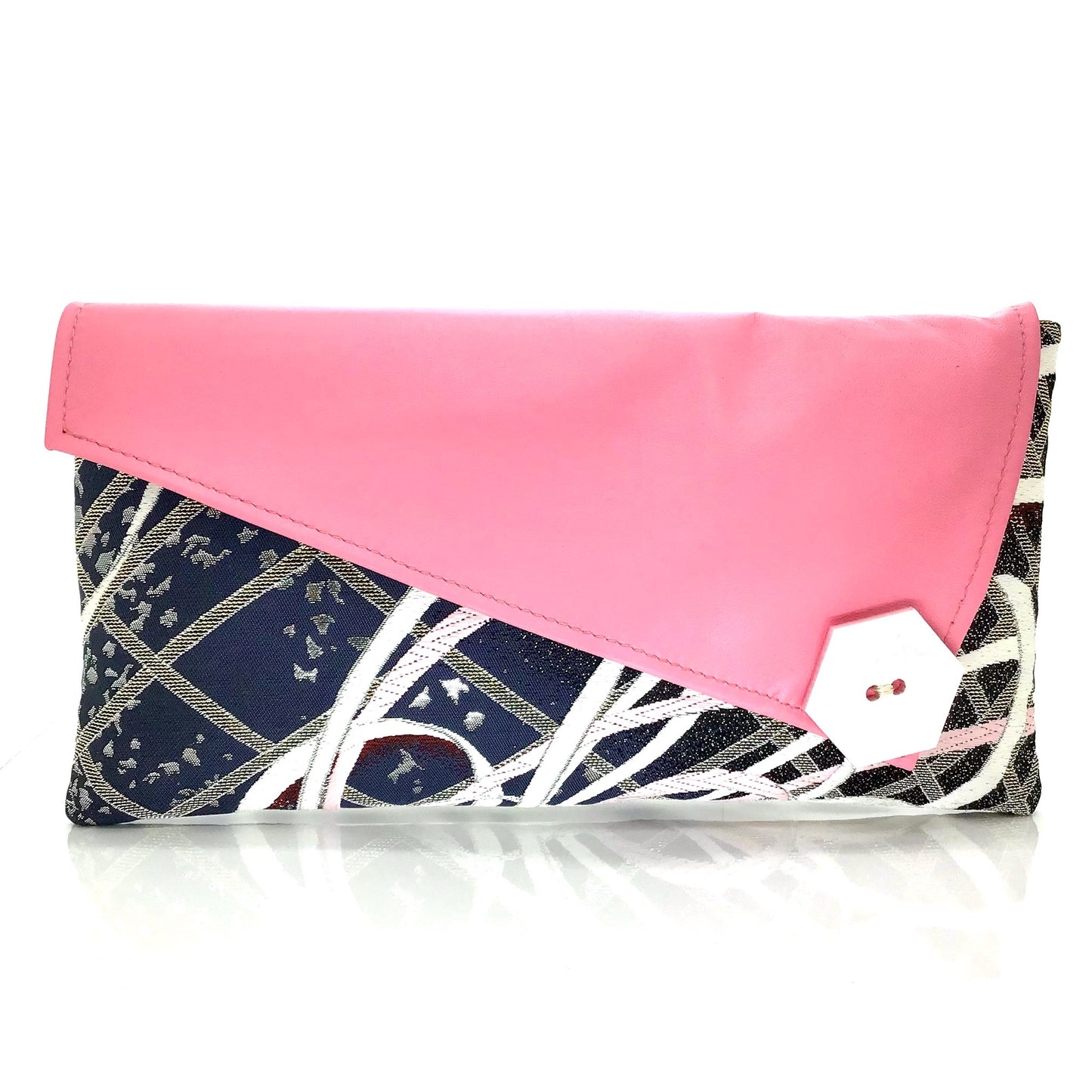 Kimono Asymmetric Clutch ‘Pink & Navy Chrysanthemum Baby Pink Leather’