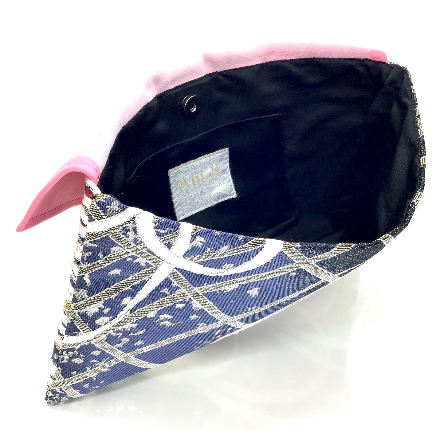 Kimono Asymmetric Clutch ‘Pink & Navy Chrysanthemum Baby Pink Leather’