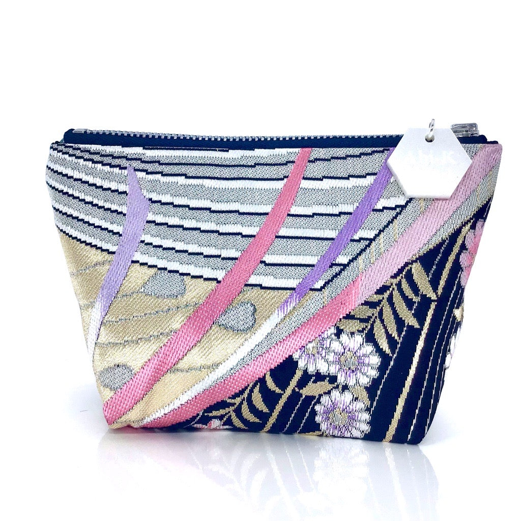 Kimono Silk Small Purse 'Silver Gold & Pink Abstract Floral 2’